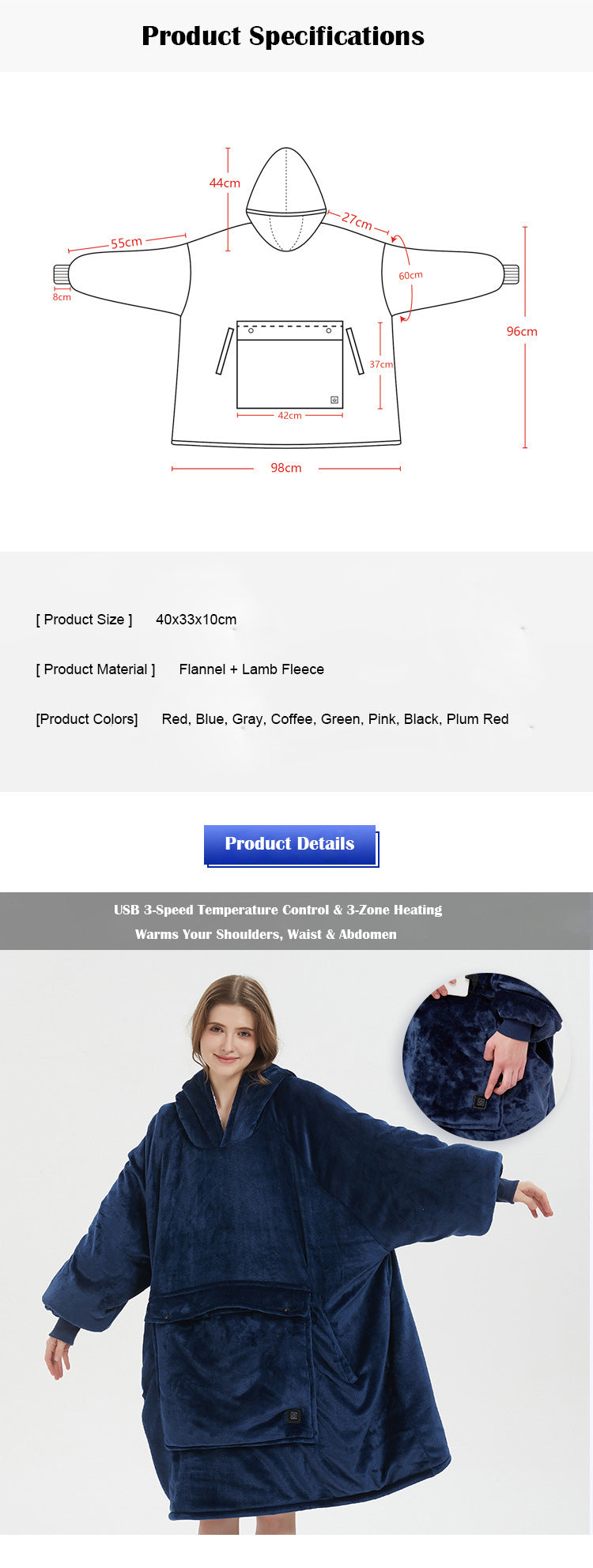 Heated Blanket Hooded Lazy Blanket Flannel Double Layer Thickened Couple Lazy Pajamas