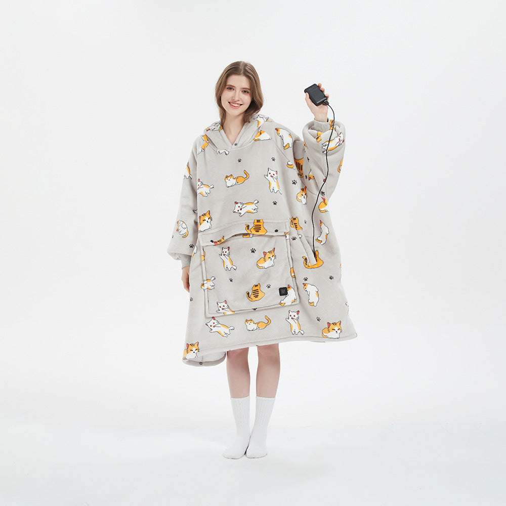 Heated Blanket Hooded Lazy Blanket Flannel Double Layer Thickened Couple Lazy Pajamas