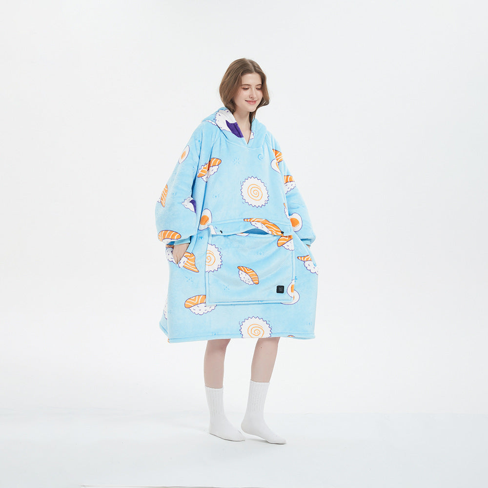 Heated Blanket Hooded Lazy Blanket Flannel Double Layer Thickened Couple Lazy Pajamas