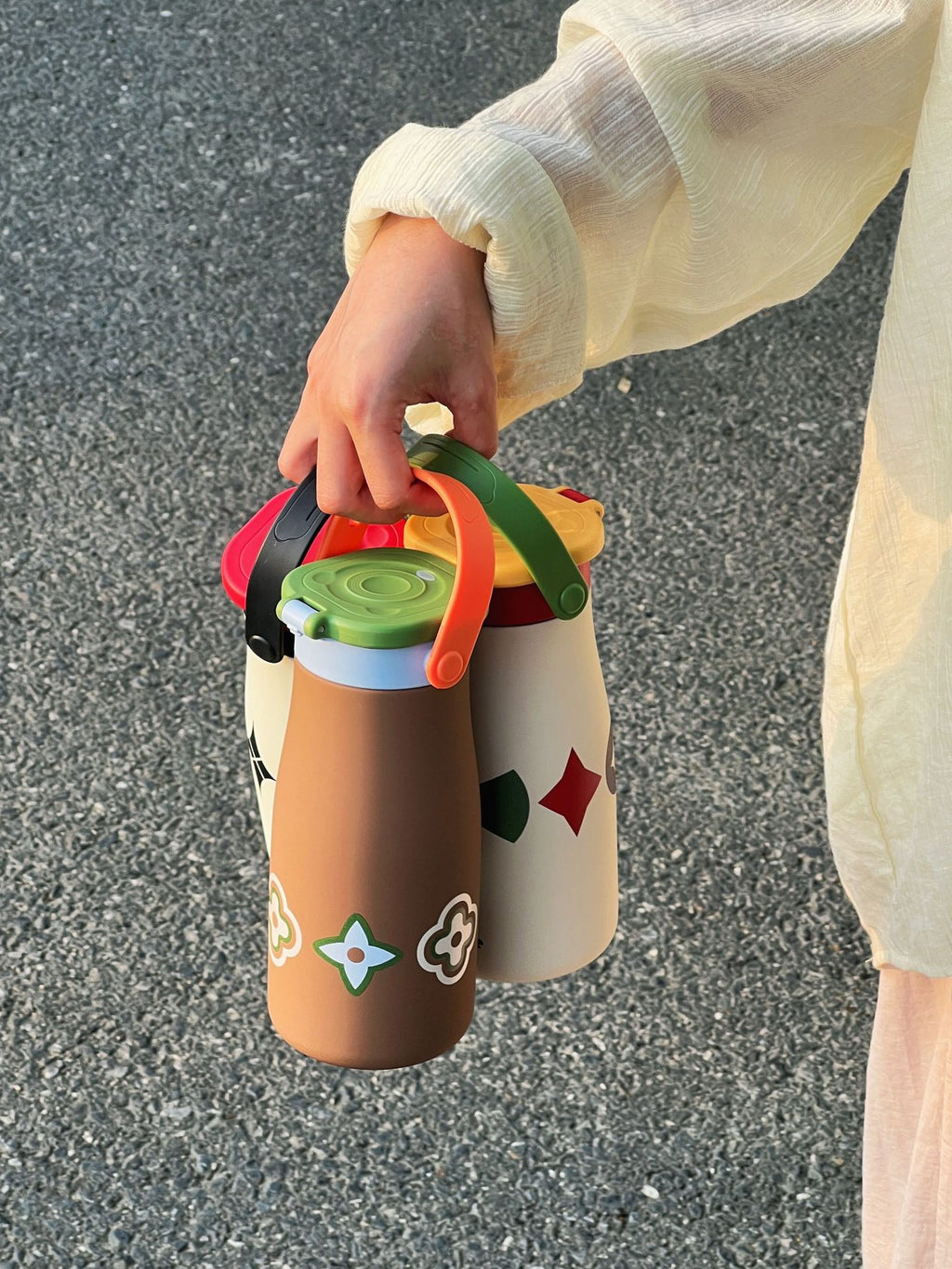 New Color-Block Geometric Milk Cup 316 Stainless Steel Insulated Cup Simple Portable Handle Cup Student Double Drinking Cup