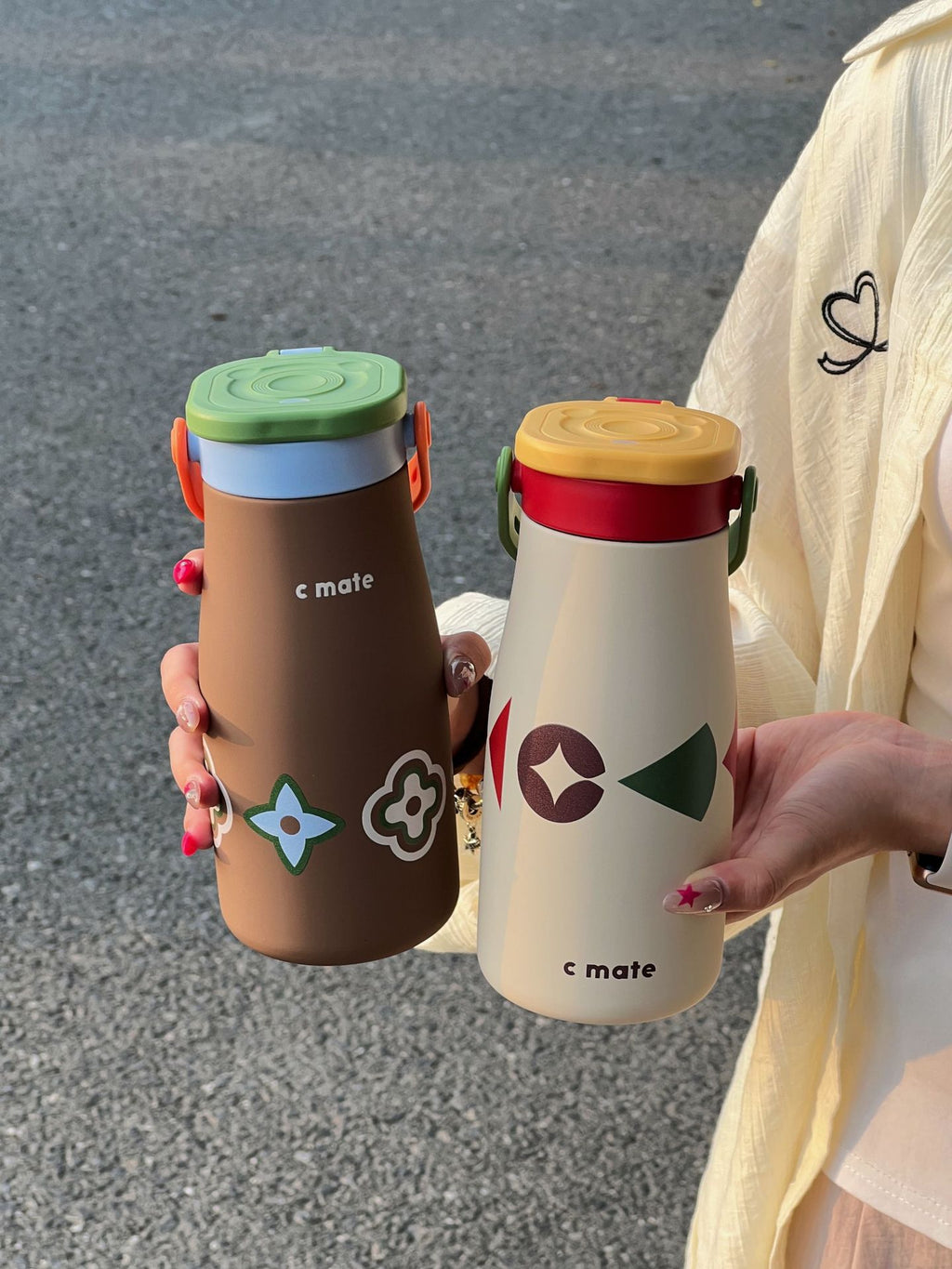 New Color-Block Geometric Milk Cup 316 Stainless Steel Insulated Cup Simple Portable Handle Cup Student Double Drinking Cup